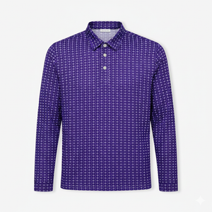 Purple patterned long-sleeve shirt on a light gray background
