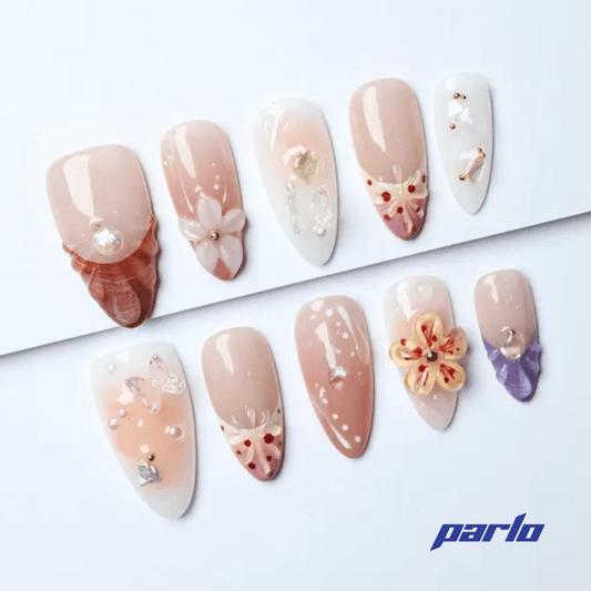 3D Gemstone Press On Nails by ParloNails featuring floral designs, iridescent gems, and pastel tones in a full set layout. Perfect for elegant nail art lovers.