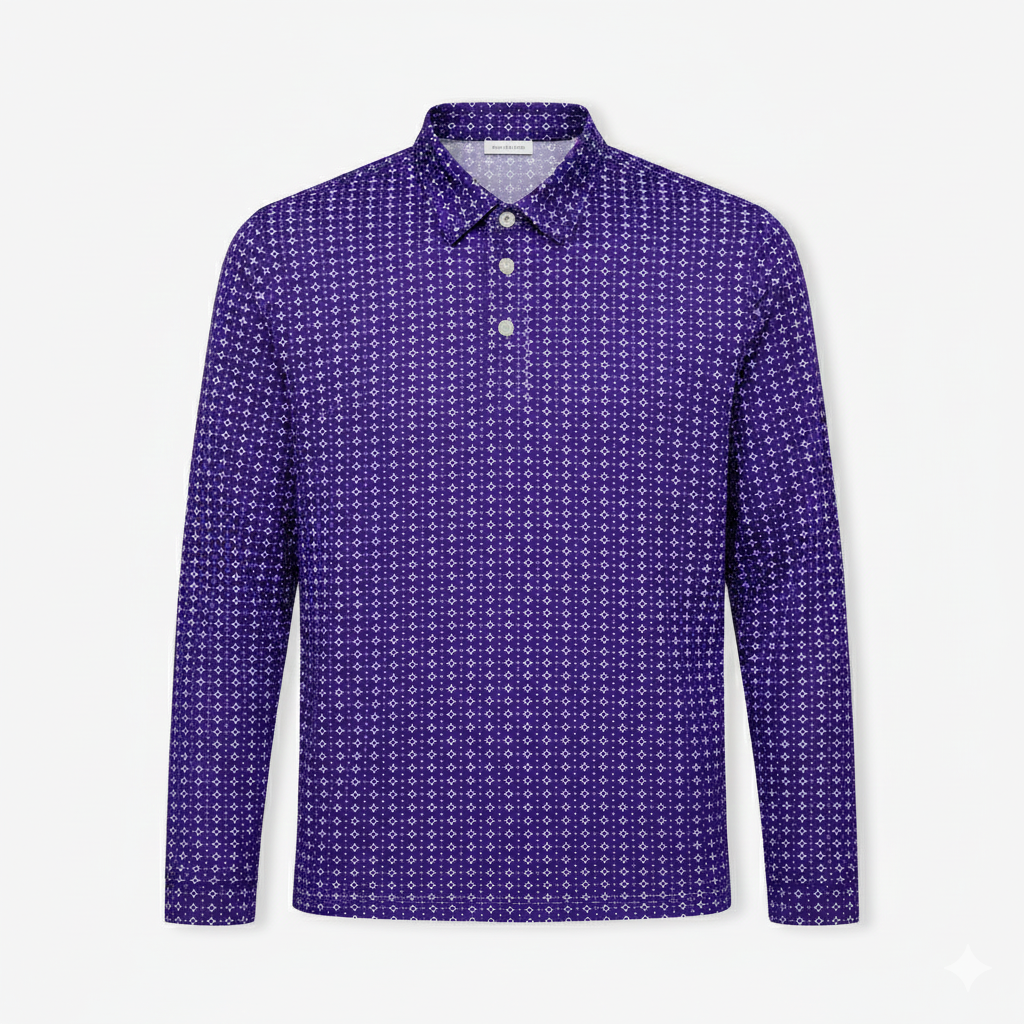 Purple patterned long-sleeve shirt on a light gray background
